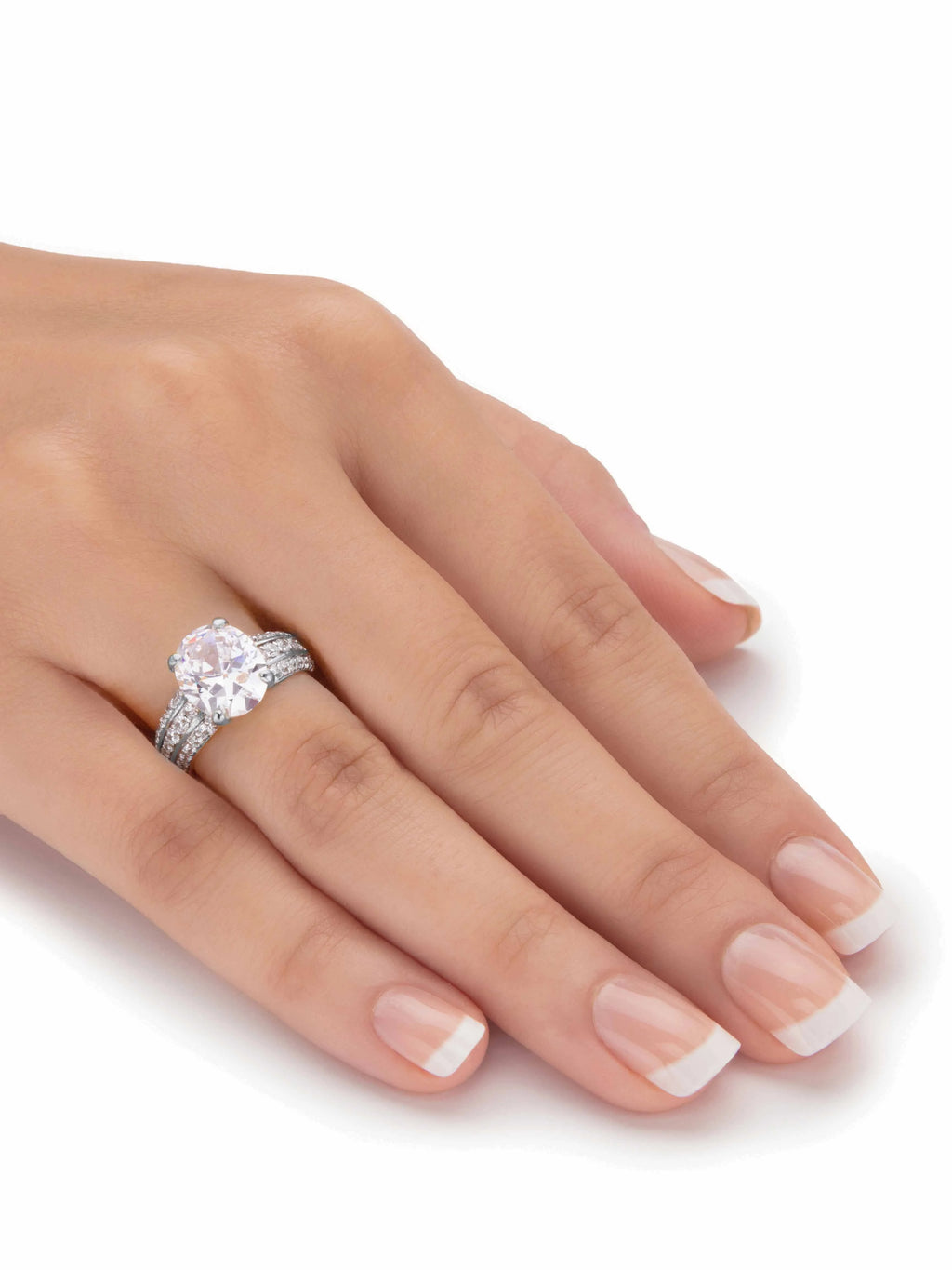 Oval-Cut Cubic Zirconia Multi-Row Engagement Ring in Platinum-Plated Sterling Silver S186