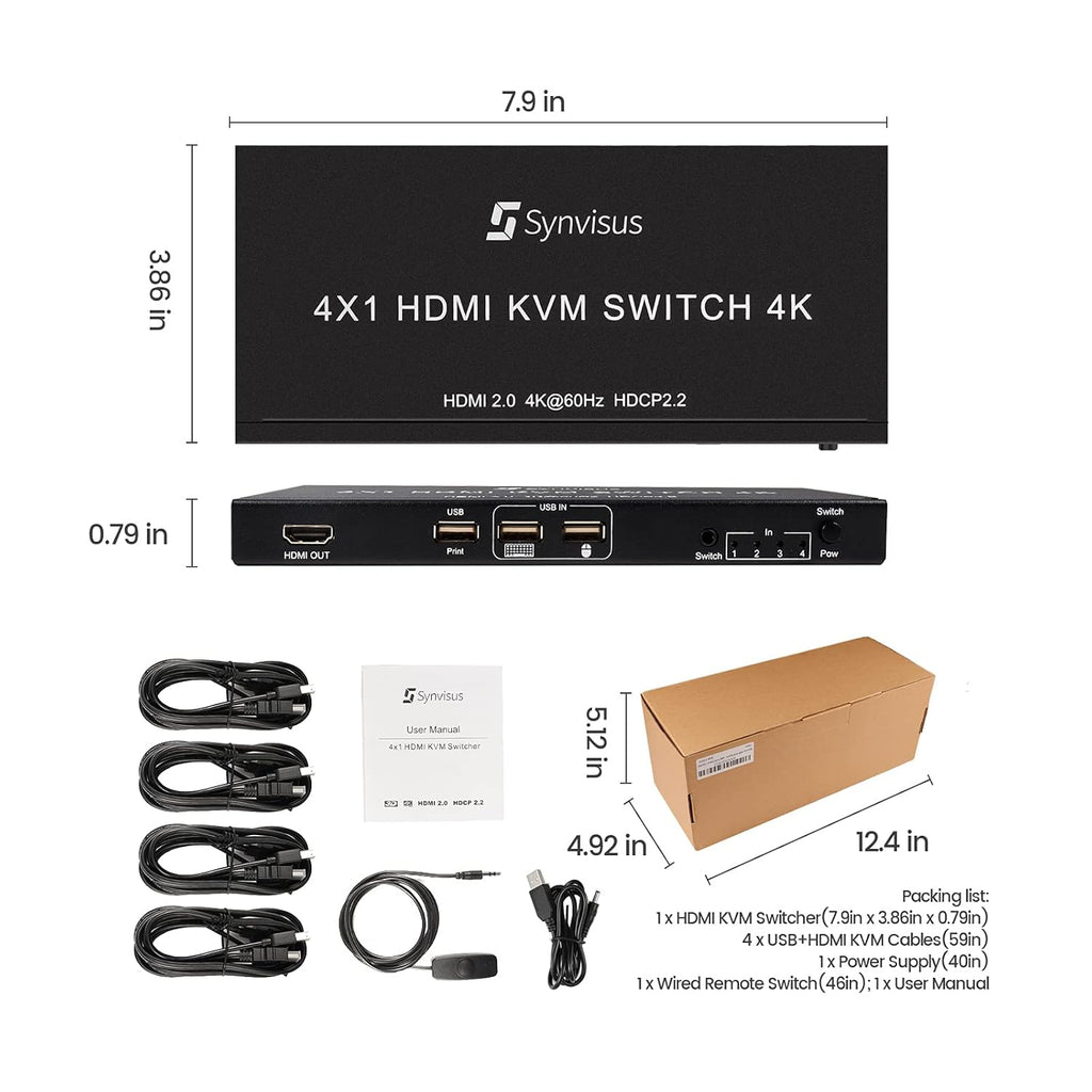 4 Port HDMI KVM Switch, 4K@60Hz, 4 in 1 Out C4095