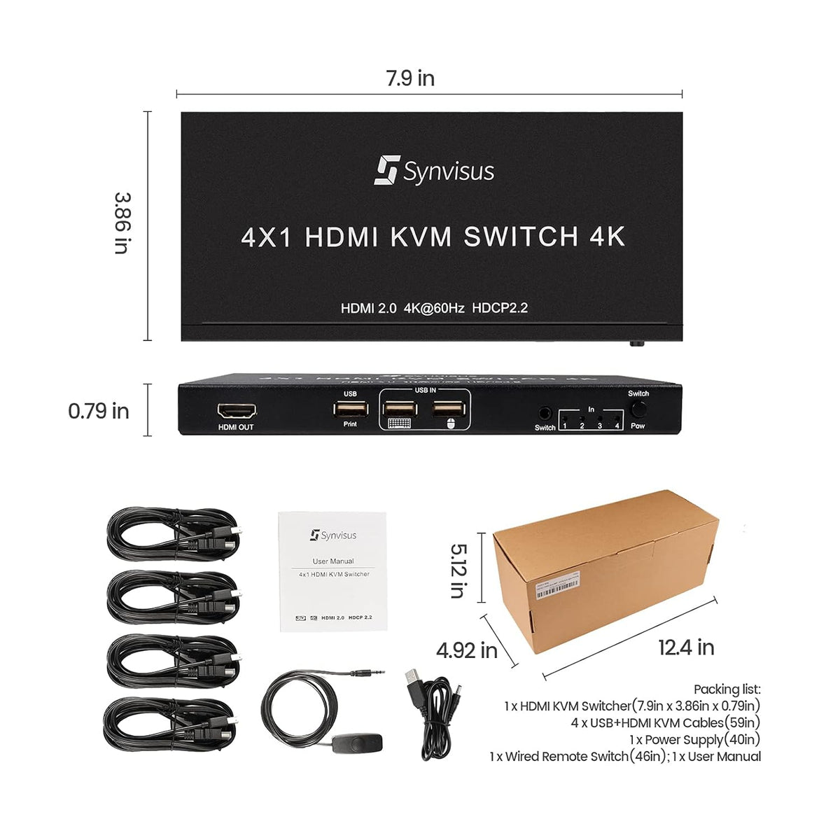 4 Port HDMI KVM Switch, 4K@60Hz, 4 in 1 Out C4095