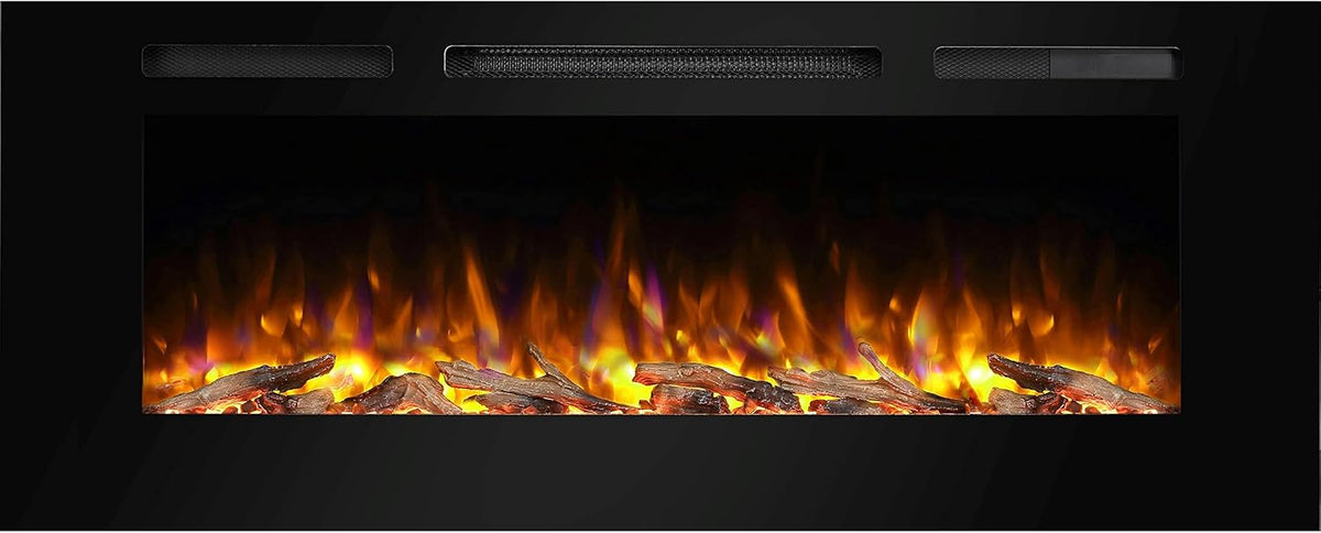 Recessed Electric Fireplace with Log Set and Crystal, 1500W Heater, Black F106646