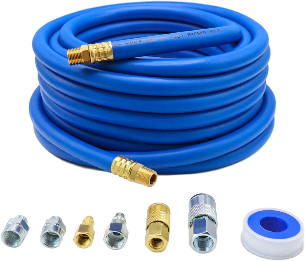 Hybrid Air Hose 50-Feet 300 PSI Solid Brass Fittings Quick Coupler Connectors Blue Pack of 2 P6624