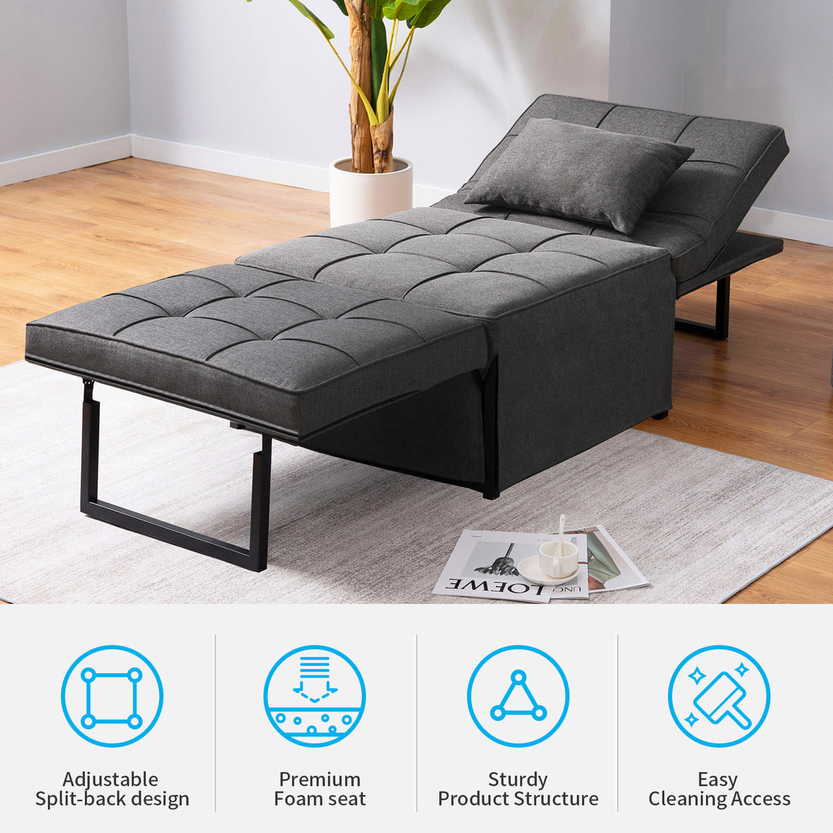 Dark Gray Linen Convertible Sofa Sleeper with Ottoman U215