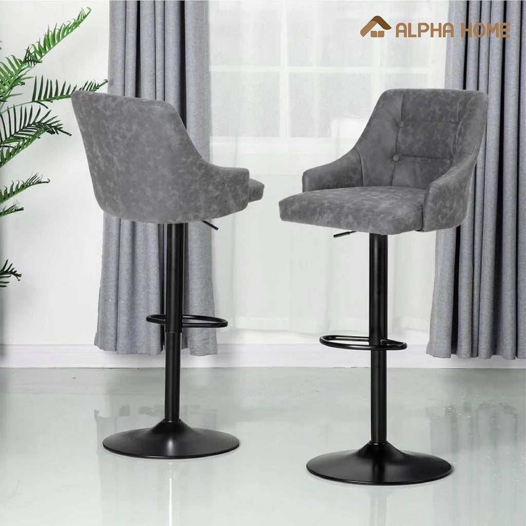 Grey PU Leather Adjustable Swivel Bar Stool with Padded Back and Black Chromed Metal Base S10257