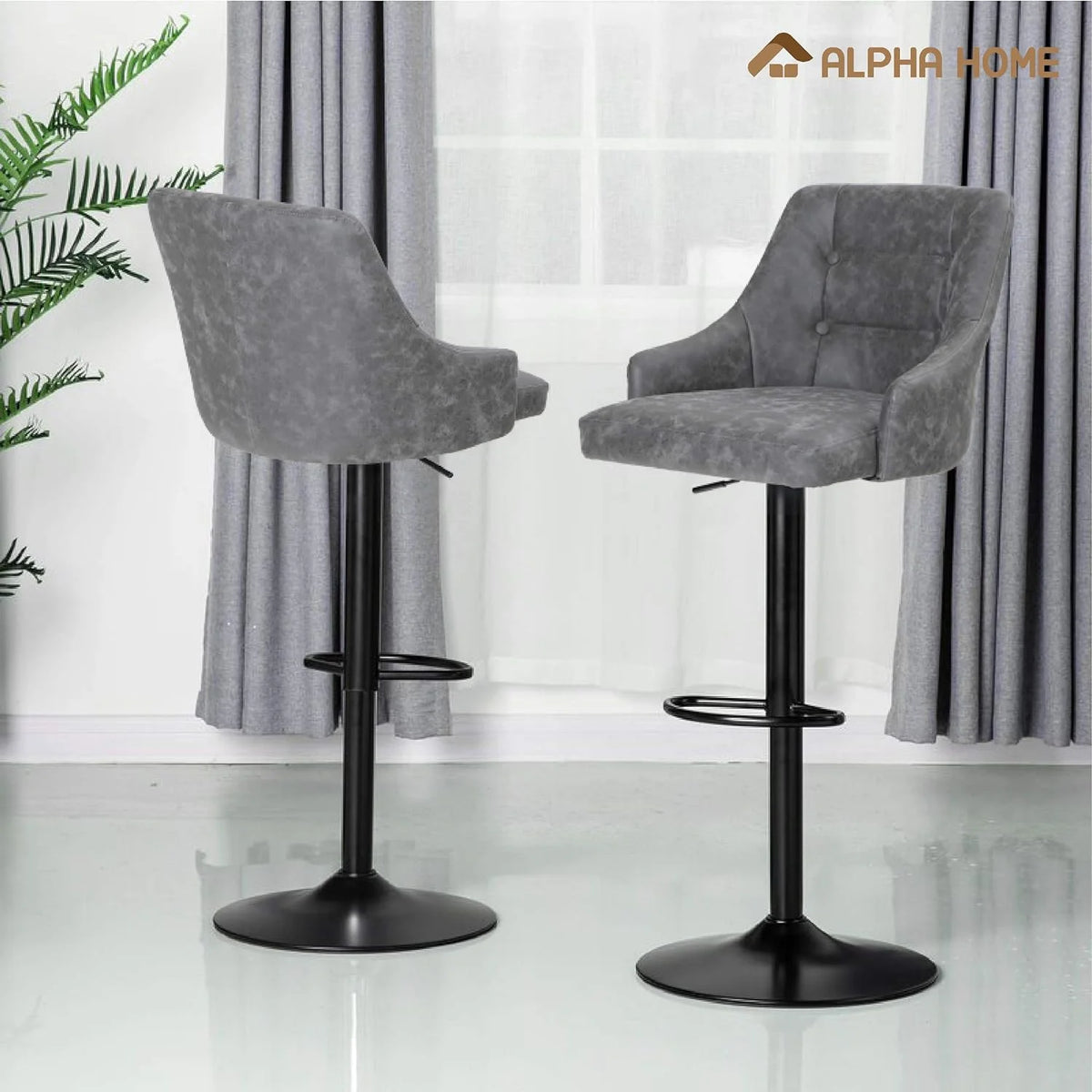 Grey PU Leather Adjustable Swivel Bar Stool with Padded Back and Black Chromed Metal Base S10257