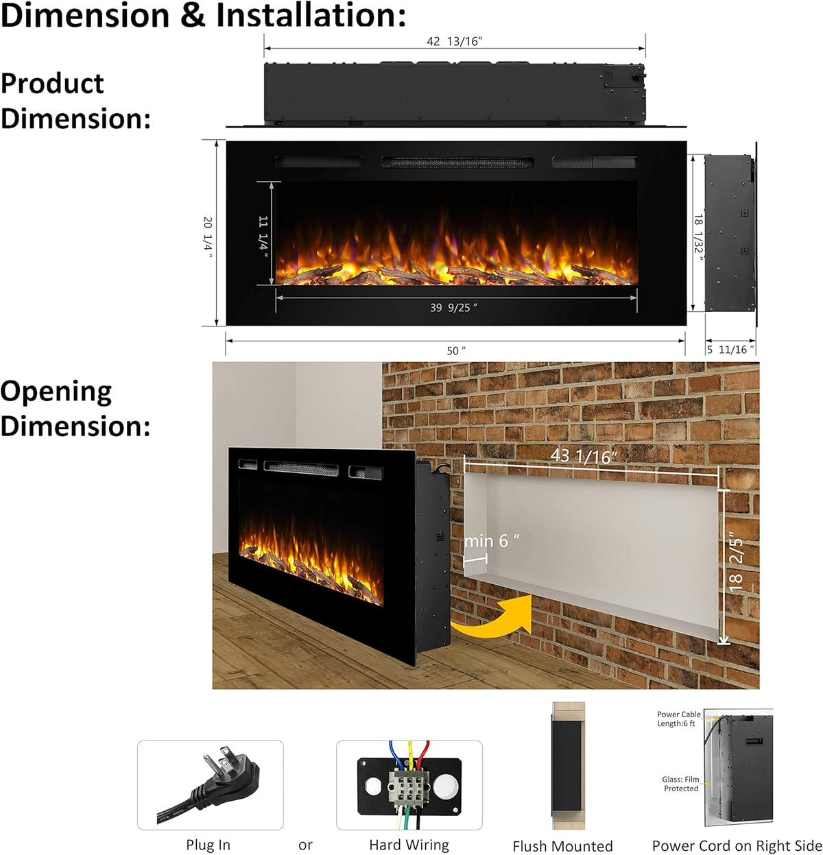 Recessed Electric Fireplace with Log Set and Crystal, 1500W Heater, Black F106646