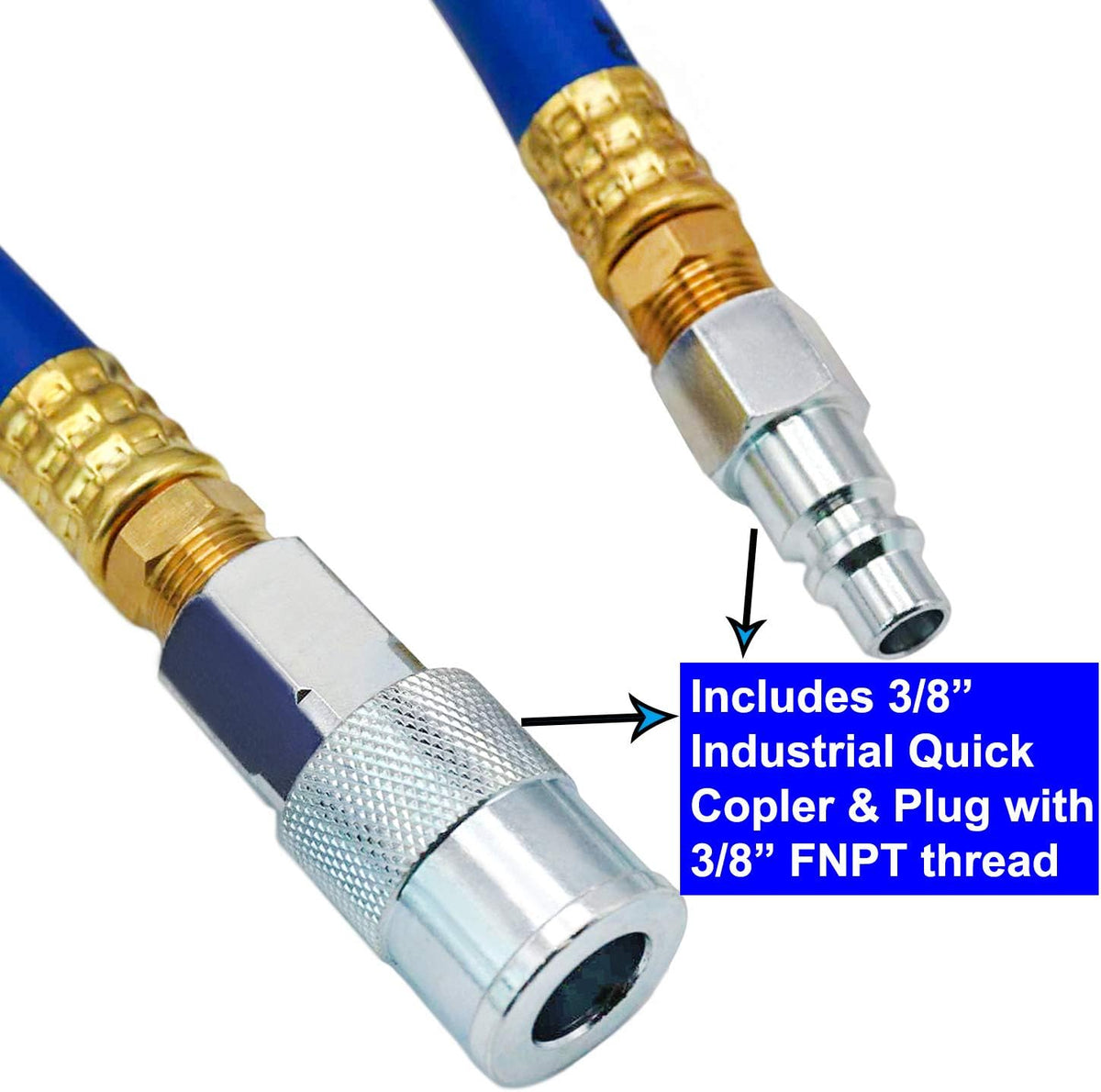 Hybrid Air Hose 50-Feet 300 PSI Solid Brass Fittings Quick Coupler Connectors Blue Pack of 2 P6624