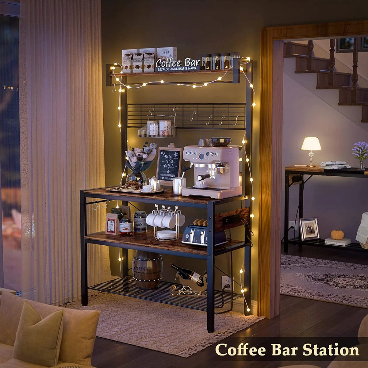 Rustic Brown 4-Tier Microwave Oven Stand with Hutch X8447