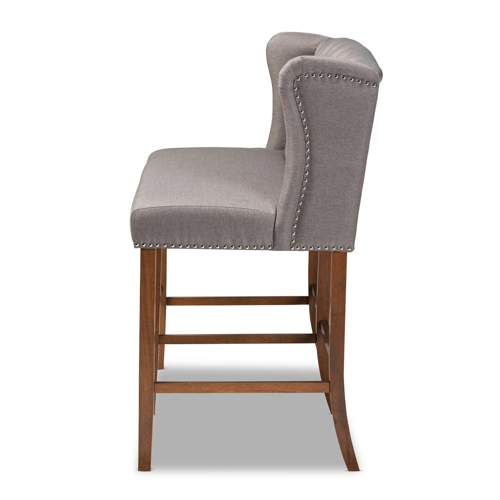 Grey Fabric Upholstered Walnut Finished Wood Button Tufted Bar Stool Bench F387
