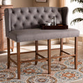 Grey Fabric Upholstered Walnut Finished Wood Button Tufted Bar Stool Bench F387