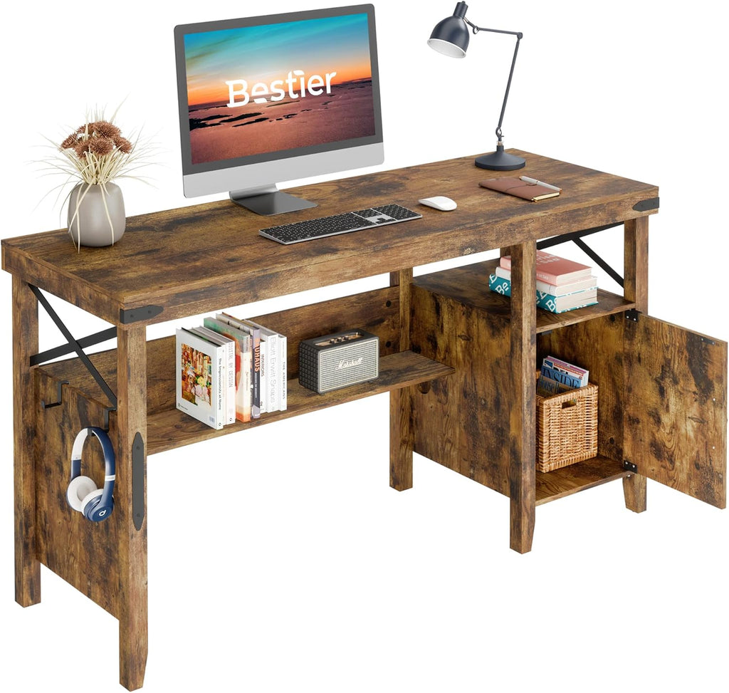 Gray Farmhouse Computer Desk with Storage Cabinet and Bookshelf T608904