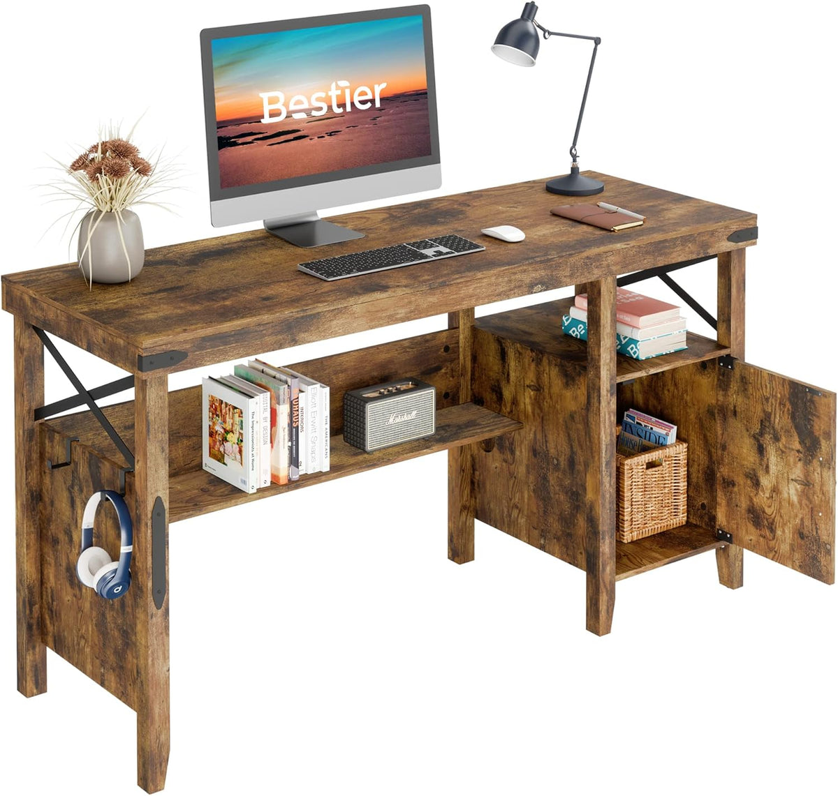 Gray Farmhouse Computer Desk with Storage Cabinet and Bookshelf T608904