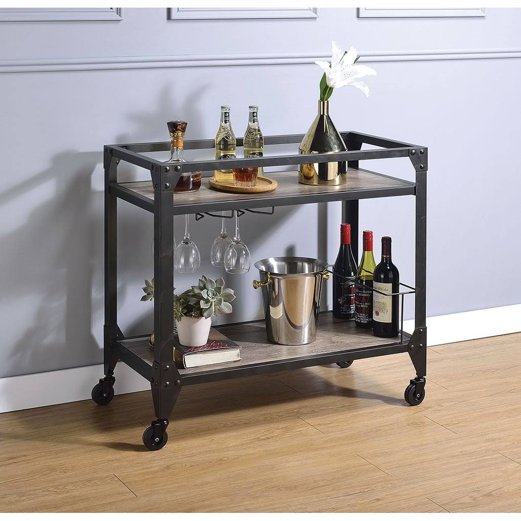 Rustic Oak & Charcoal Wood Serving Cart S702