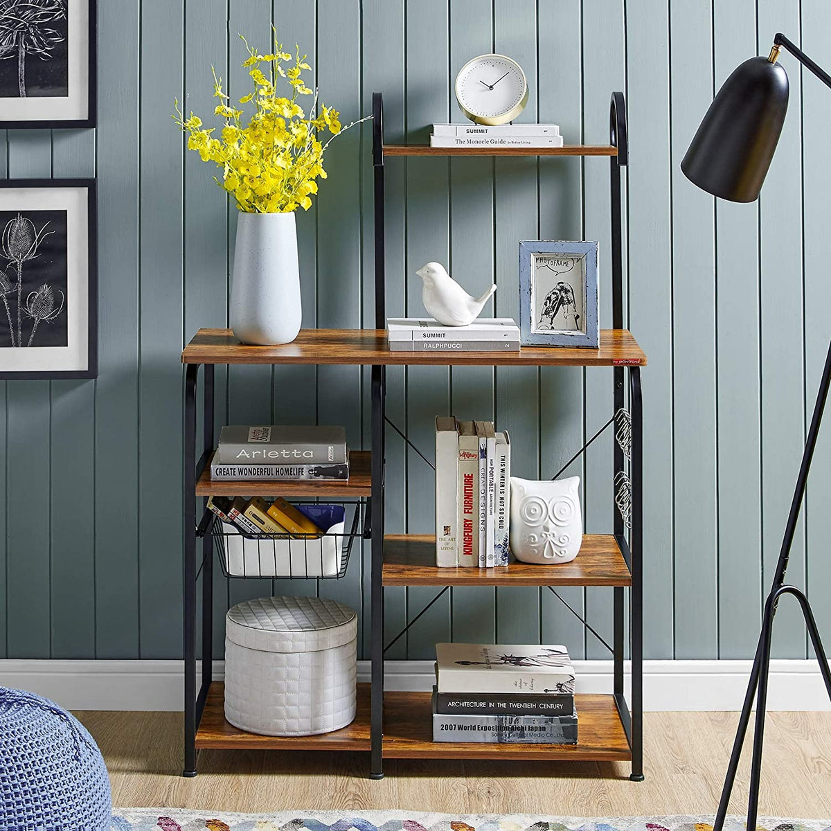 Vintage Kitchen Baker's Rack Utility Storage Shelf 35.5" Microwave Stand 3-Tier+4-Tier Shelf with 10 Hooks L6032