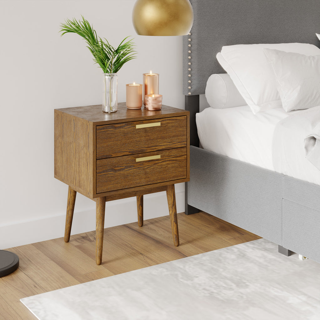 Walnut & Gold Two Drawer Nightstand O746612