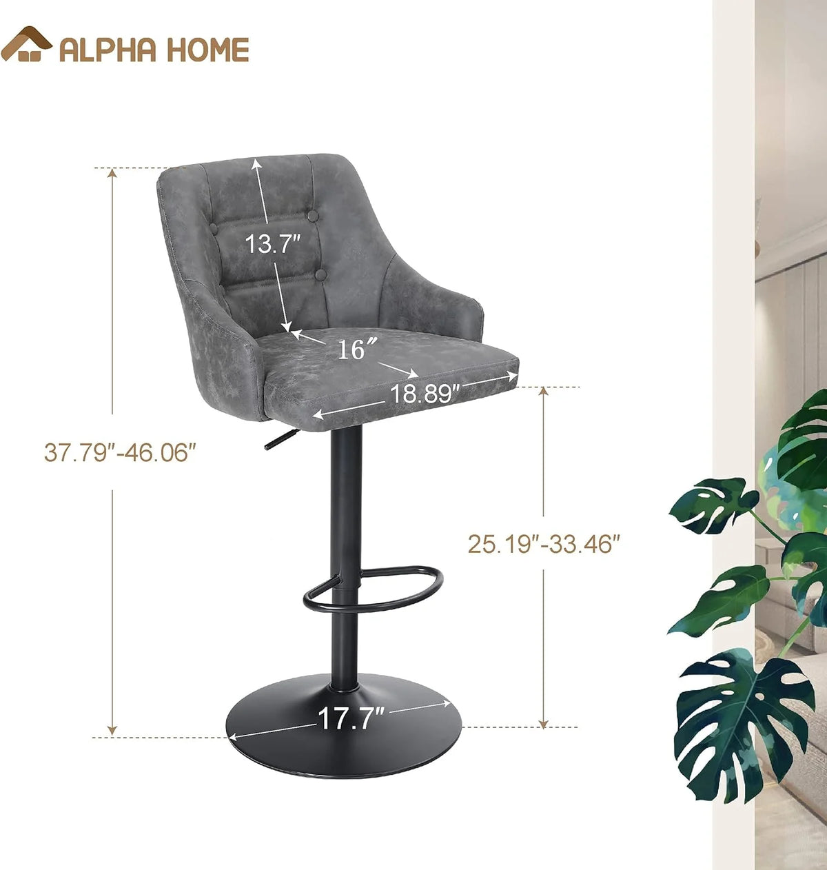 Grey PU Leather Adjustable Swivel Bar Stool with Padded Back and Black Chromed Metal Base S10257