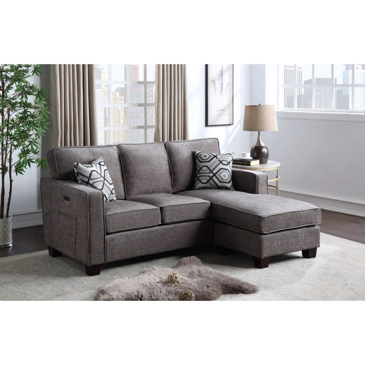 Gray Linen Fabric Sectional Sofa Chaise with USB Port K6866