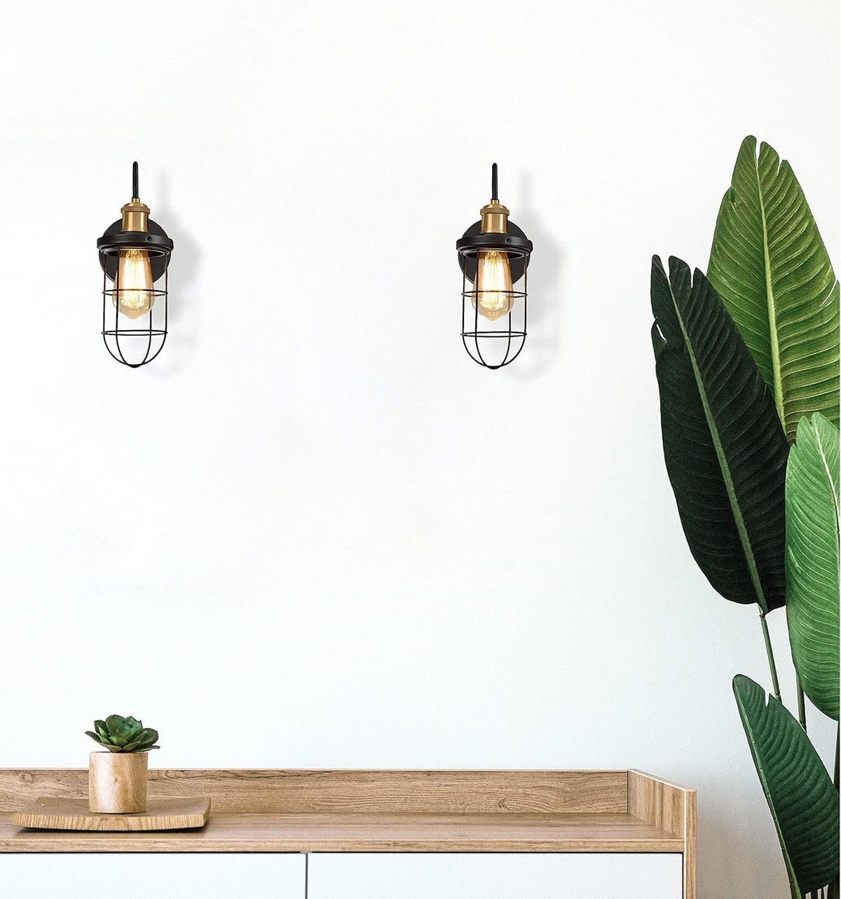 Farmhouse Wall Sconces with Cage Shade, Black and Gold, Set of Two N129