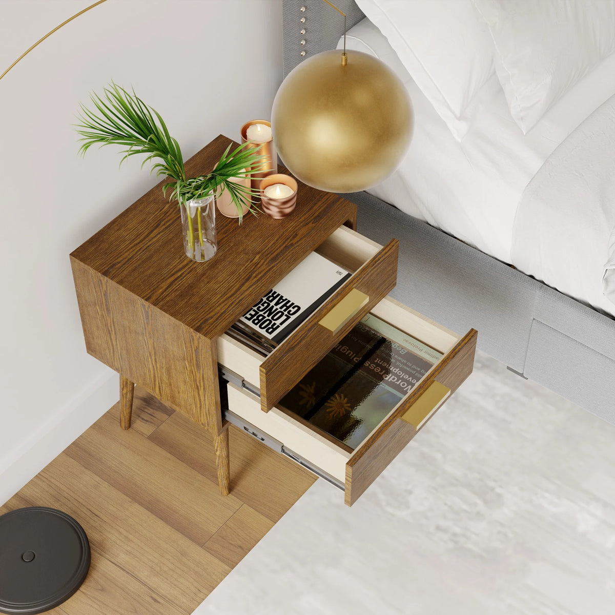 Walnut & Gold Two Drawer Nightstand O746612