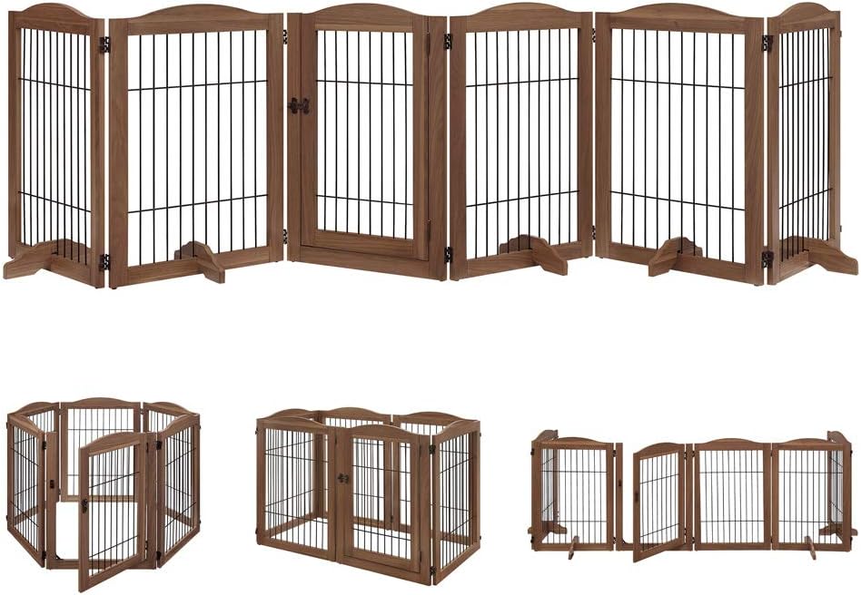 6 Panels Extra Wide Freestanding Walk Through Dog Gate with 4 Support Feet T55966