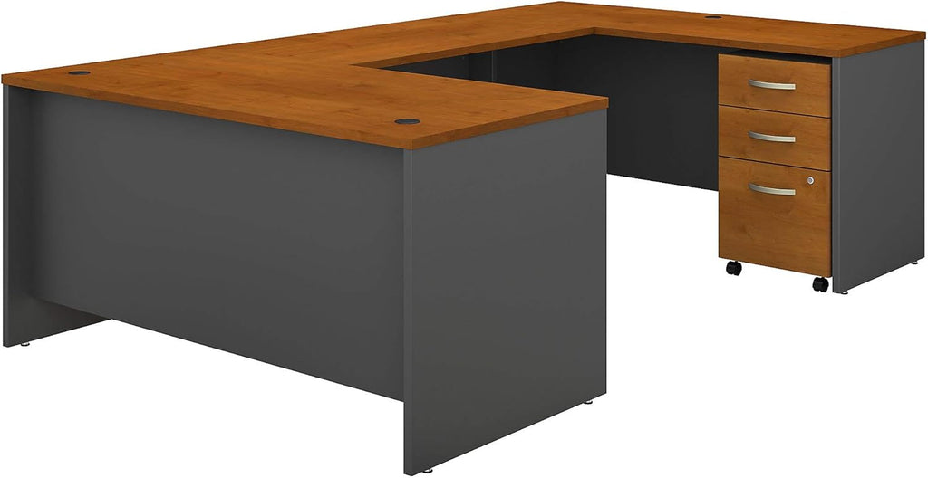 60W U Shaped Desk with 3 Drawer Mobile File Cabinet, Hansen Cherry M637154