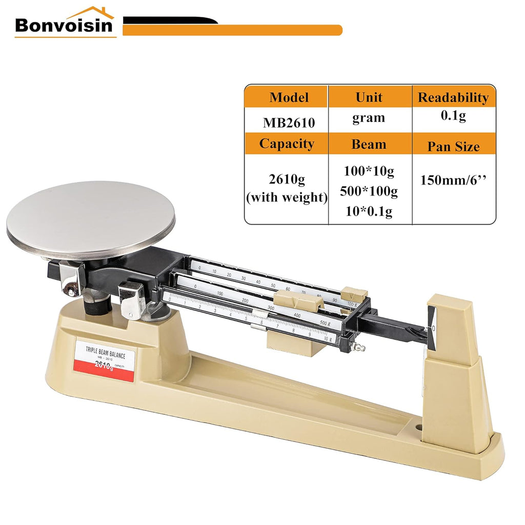 Triple Beam Scale Mechanical Balance 2610g/0.1g with Stainless Steel Platter P15075