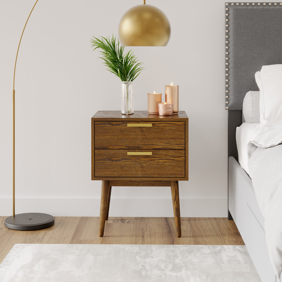 Walnut & Gold Two Drawer Nightstand O746612