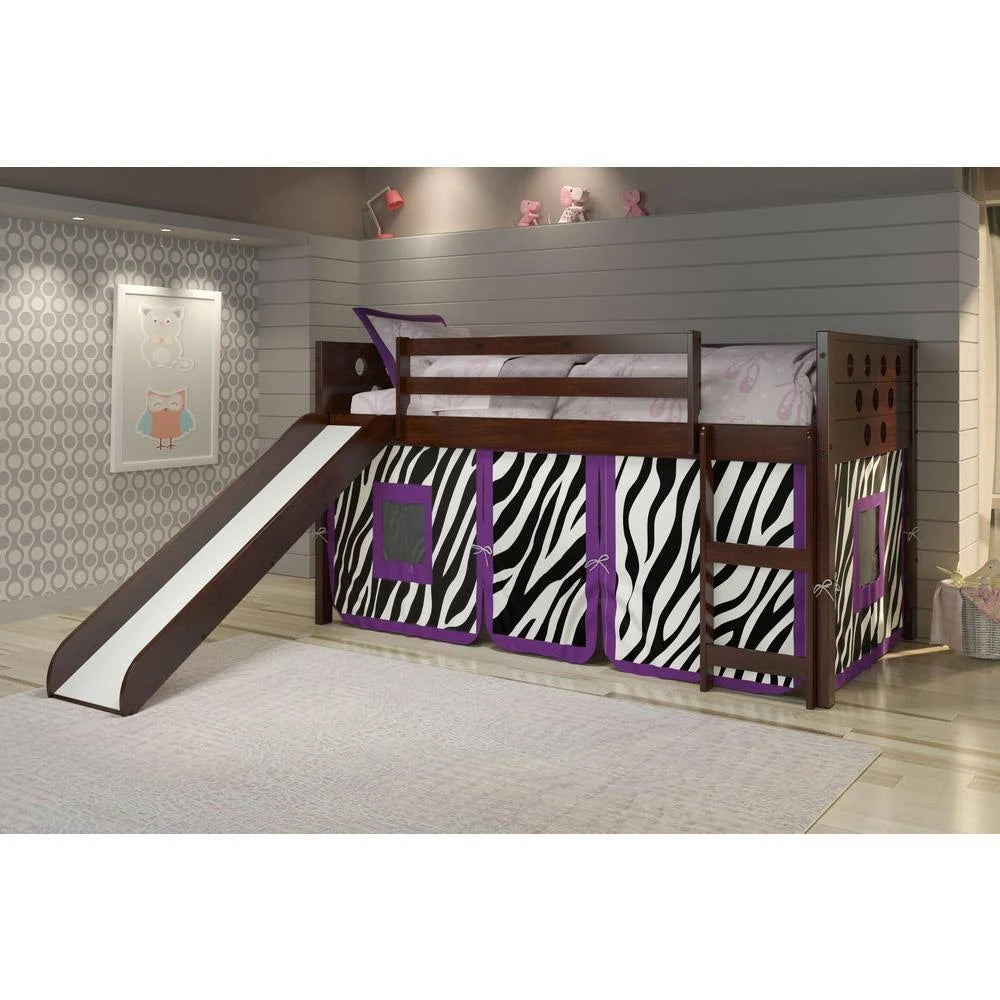 Twin Circles Low Loft with Slide and Zebra Tent Kit in Dark Cappuccino Finish V5089