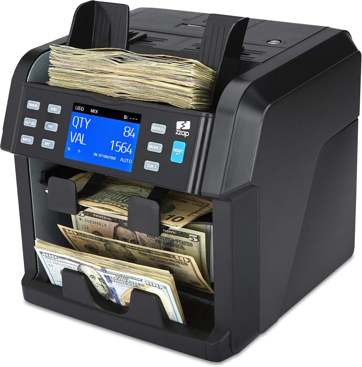 Mixed Denomination Bill Counter 2 Pocket Sorter Counterfeit Detector M1047