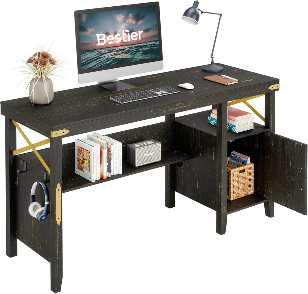 Gray Farmhouse Computer Desk with Storage Cabinet and Bookshelf T608904