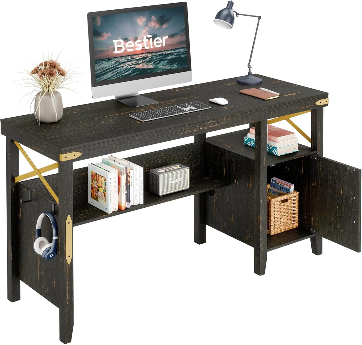 Gray Farmhouse Computer Desk with Storage Cabinet and Bookshelf T608904