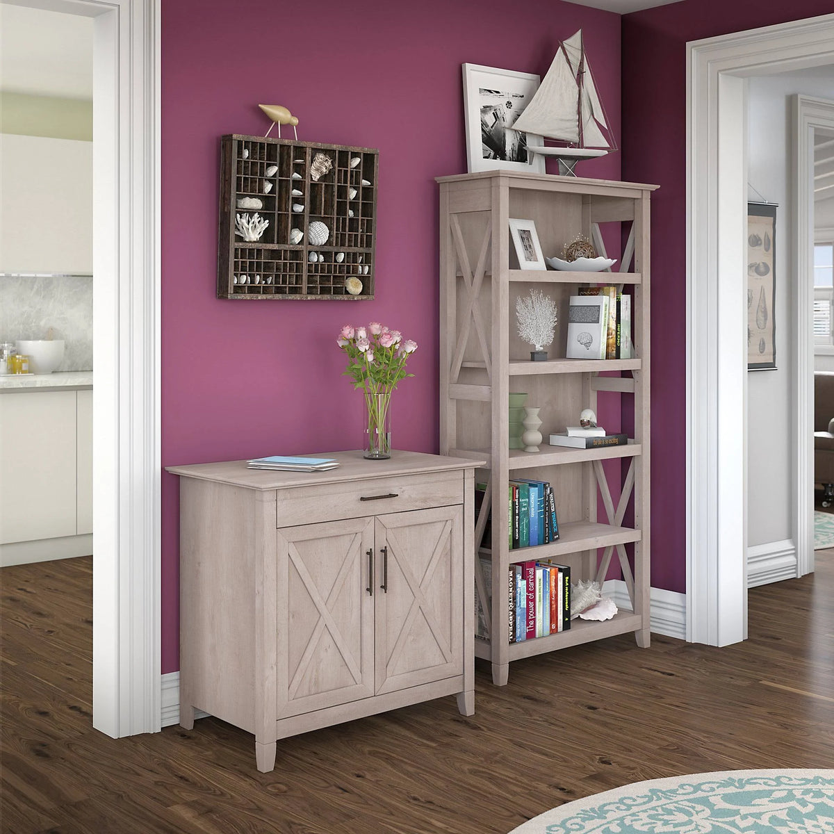 Washed Gray Laptop Storage Desk Credenza with 5 Shelf Bookcase F79174