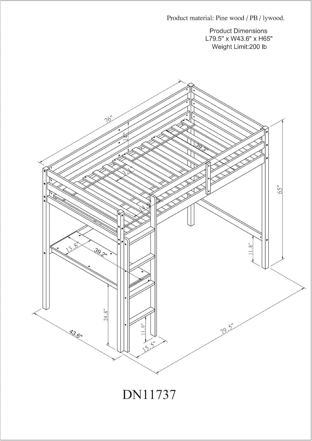 White Twin Size Loft Bed with Desk and Ladder M176177