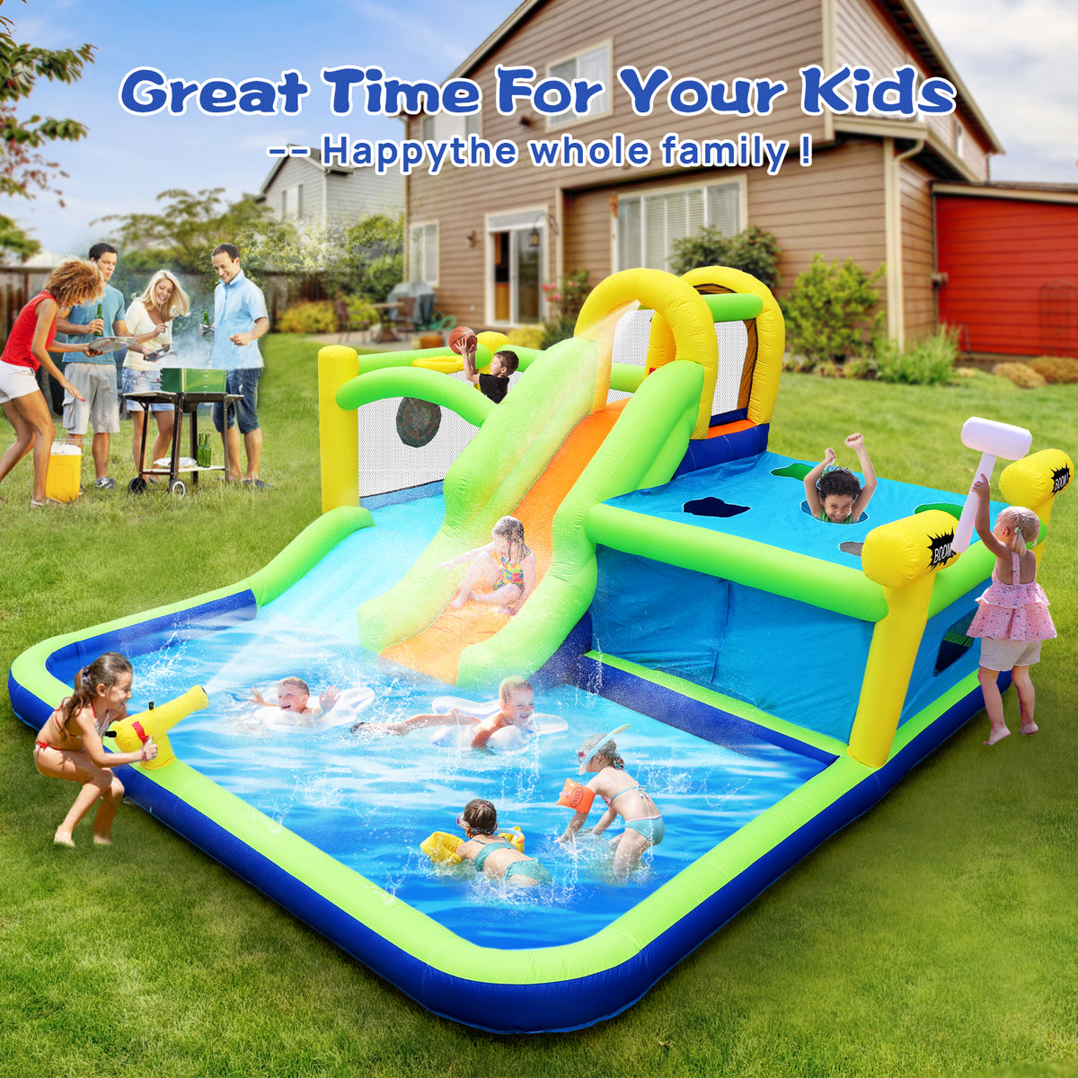 7 in1 Inflatable Water Park Bouncer with Splash Pool F596101