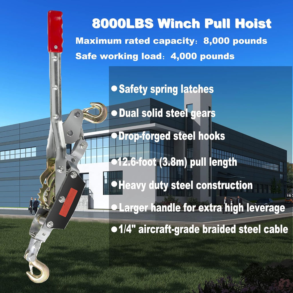 8000lb 2 Gear 2 Hooks Ratchet Puller with Cable Rope, Pack of 2 G1078