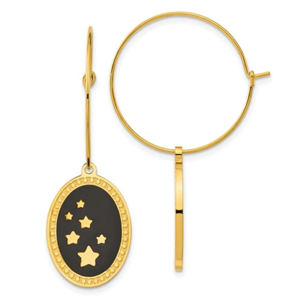 Stainless Steel Polished Yellow Enameled Stars Dangle Hoop Earrings H753387