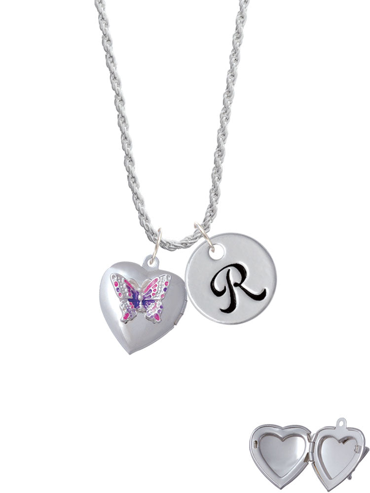 Silvertone Pink & Purple Butterfly Locket Script Initial Charm Necklace, 20"+3" Y951031
