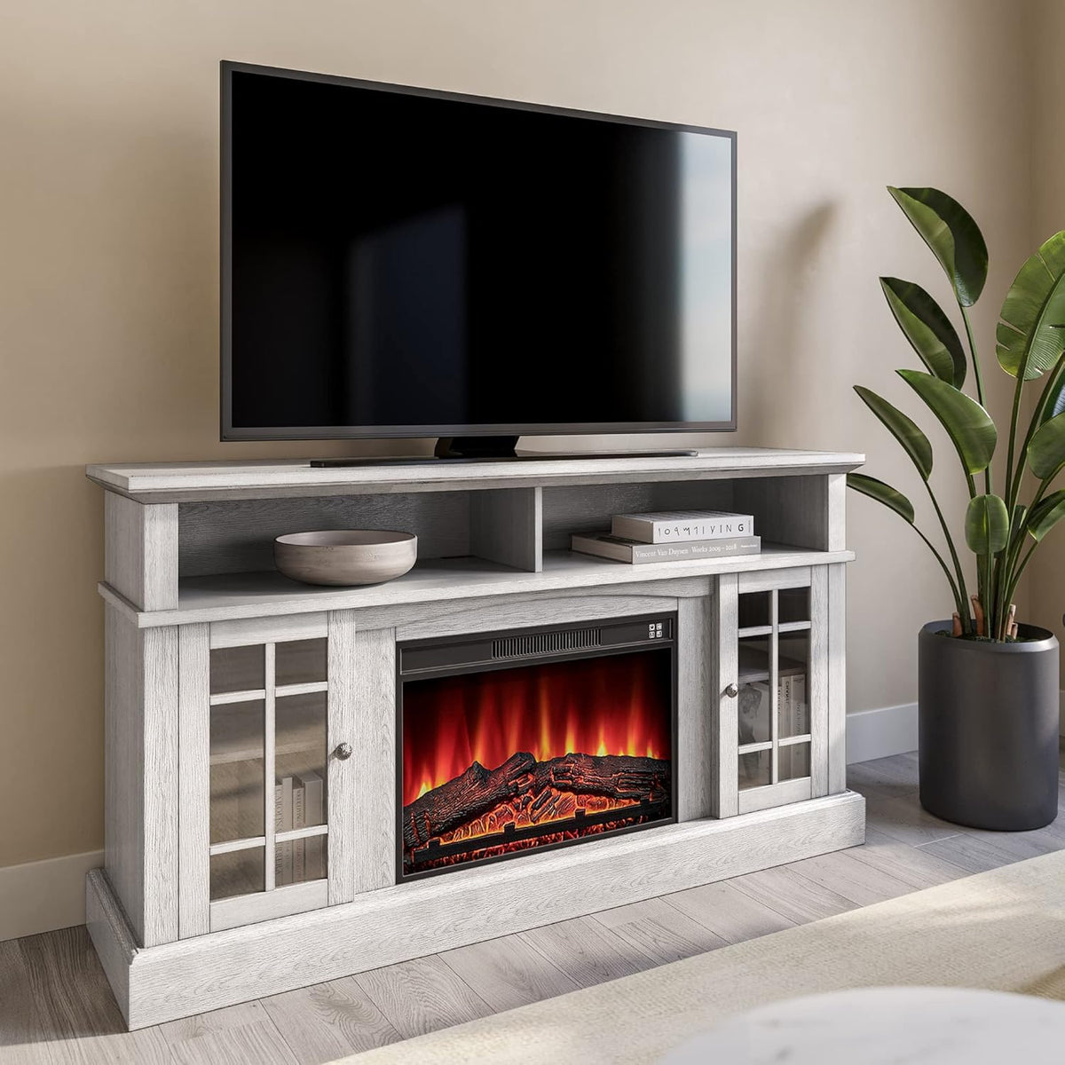 Gray Wash Electric Fireplace TV Stand with Open Storage Shelves and Cabinets B984