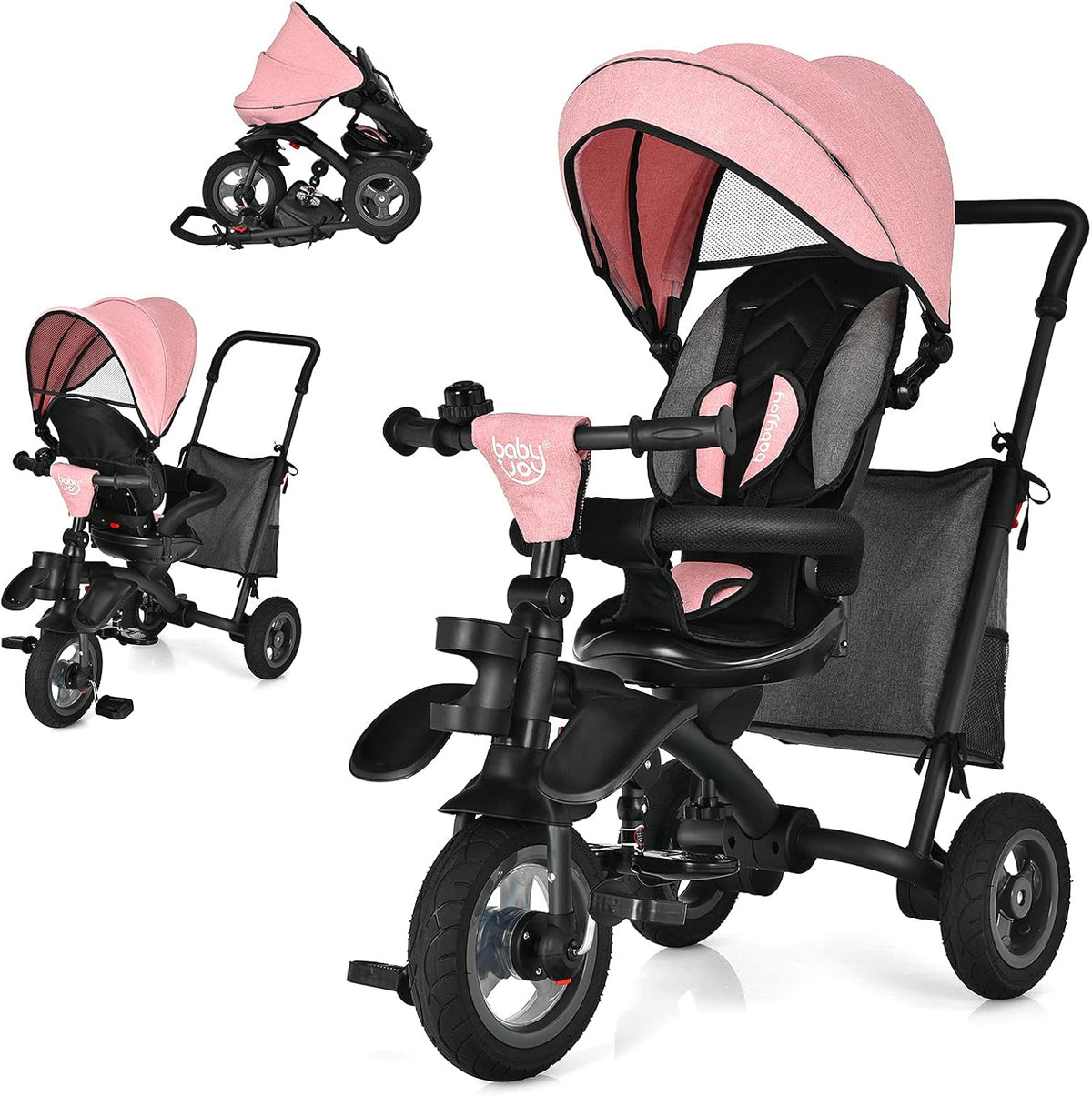 7 in 1 Folding Toddler Tricycle with Rotatable Seat, Adjustable Canopy, Push Handle, Guardrail, Safety Harness, Brakes, Cup Holder & Storage (Pink) I9679