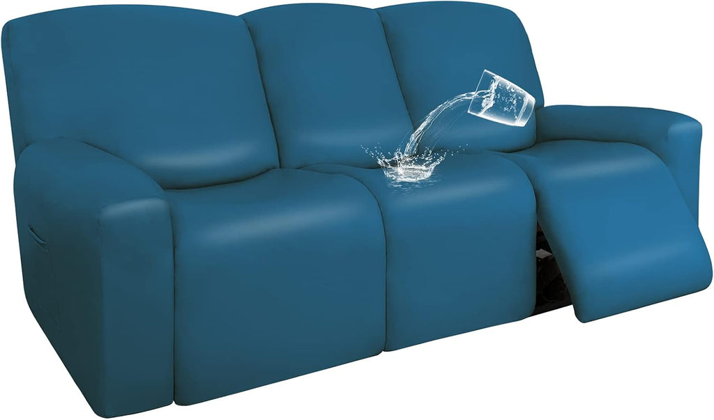 Navy PU Leather Recliner Sofa Slipcovers, 8 Pieces Stretch Furniture Protector L5631