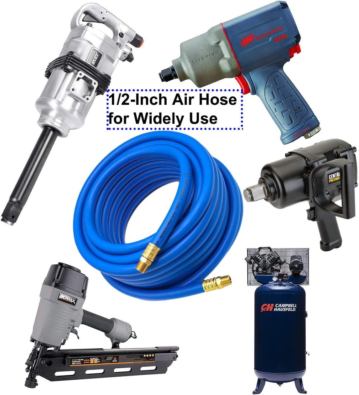 Hybrid Air Hose 50-Feet 300 PSI Solid Brass Fittings Quick Coupler Connectors Blue Pack of 2 P6624