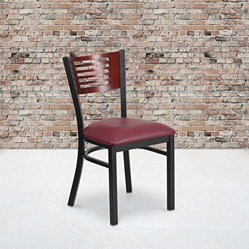 Black Slat Back Metal Restaurant Chair with Mahogany Wood Back and Burgundy Vinyl Seat V2538