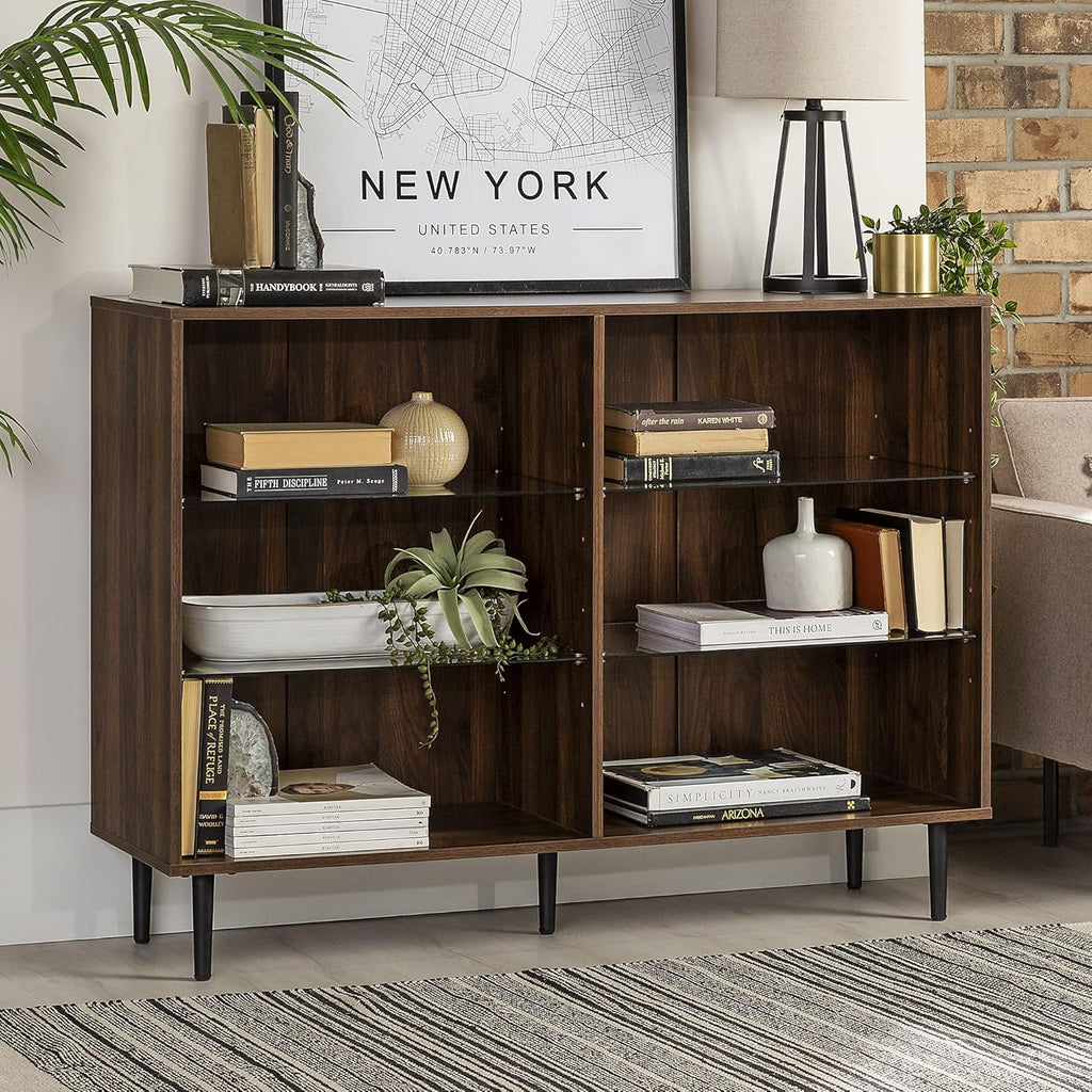 4 Glass Shelf Bookcase, 48 Inch, Dark Walnut E931