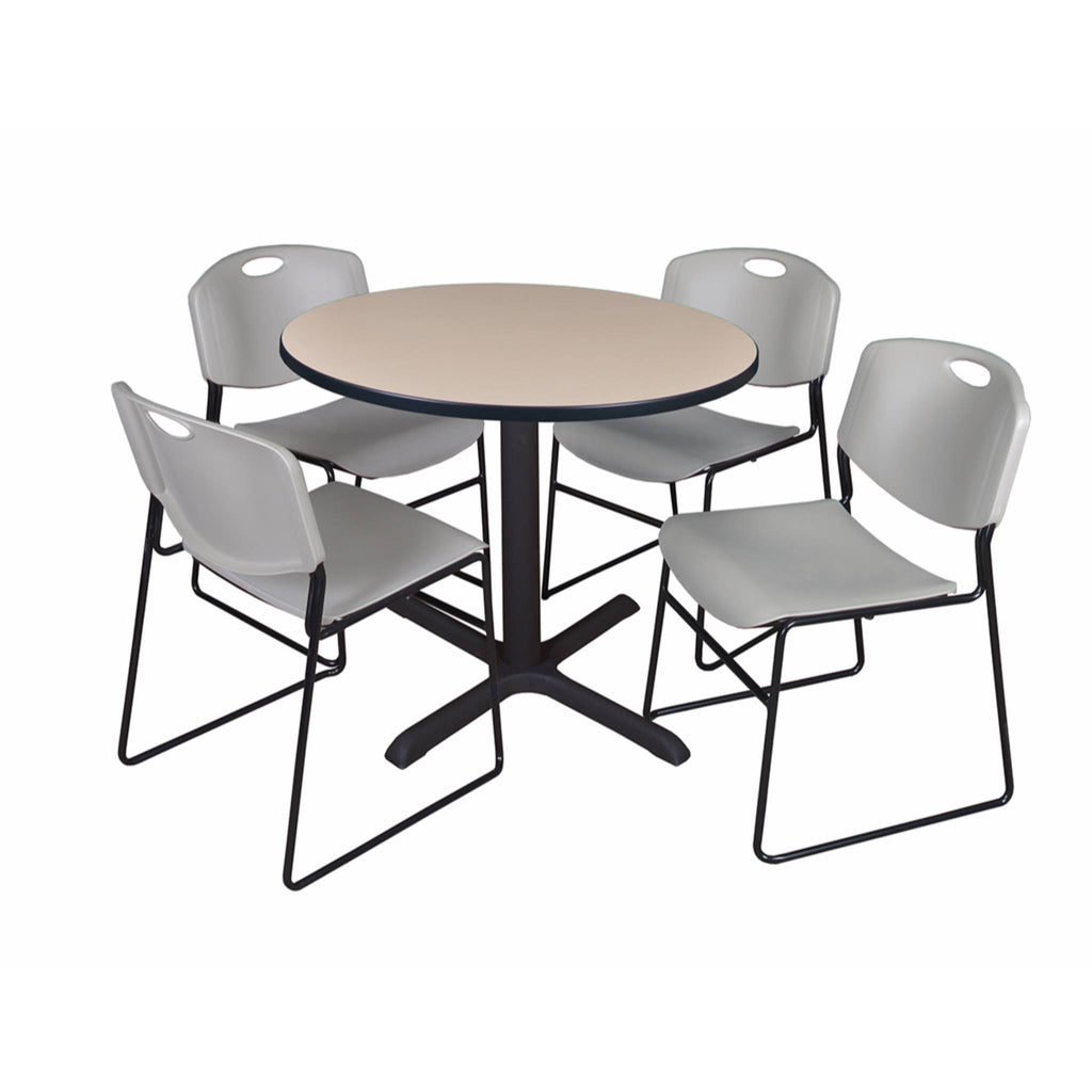 Beige Round Breakroom Table with 4 Black Stack Chairs C331475