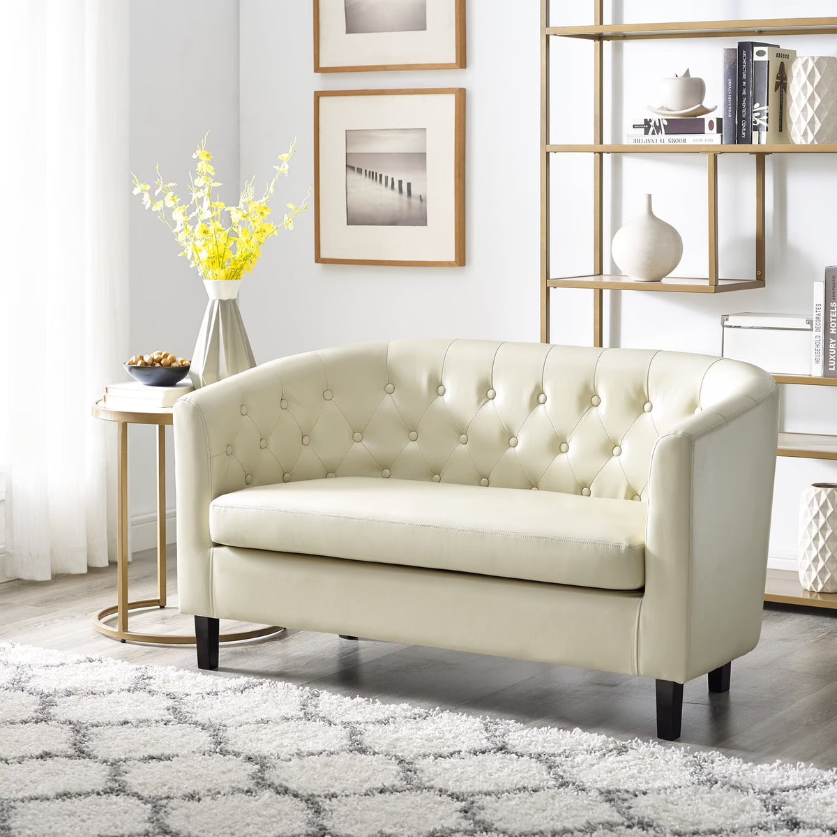 Cream Faux Leather Barrel Loveseat N496