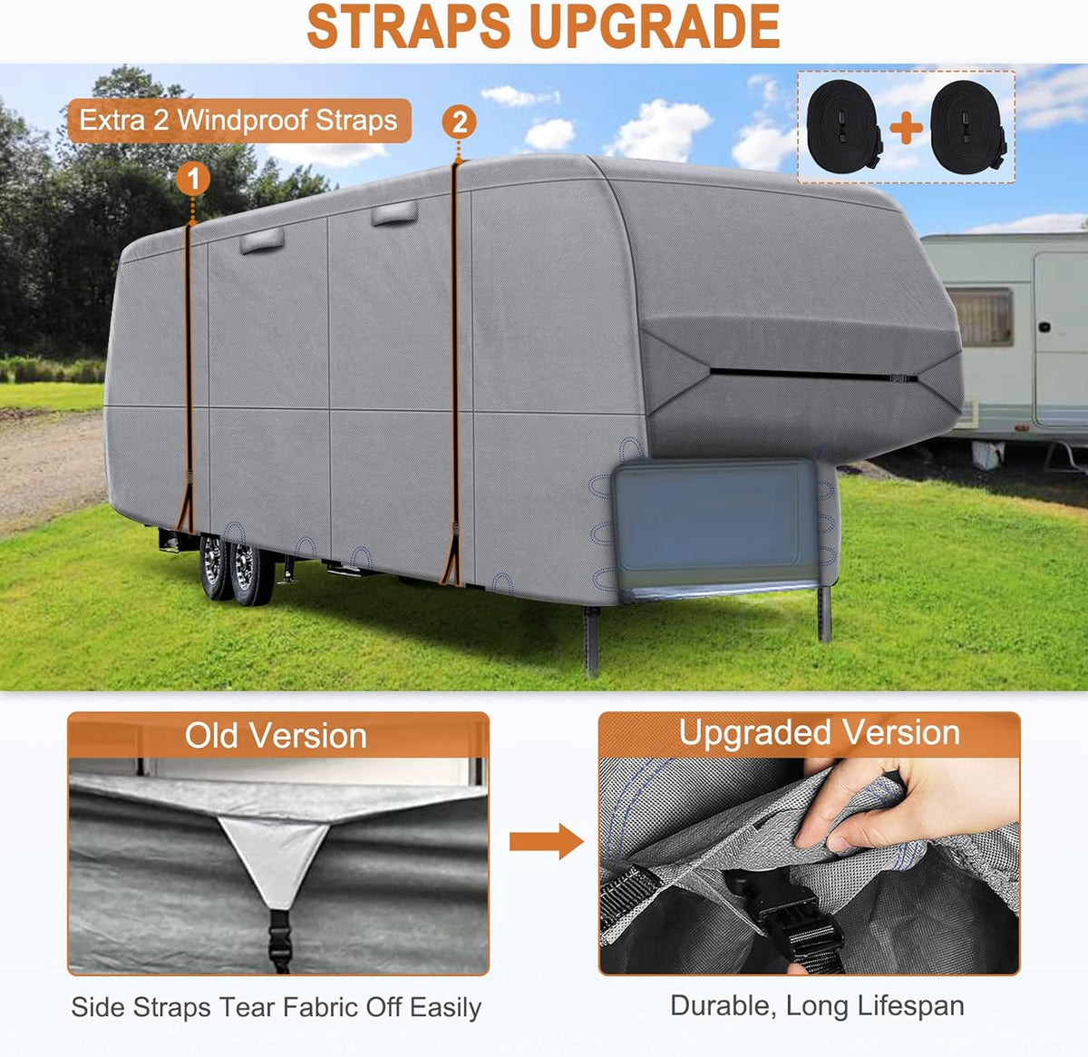 5th Wheel RV Cover Heavy Duty Camper Cover with 2Pcs Straps & Gutter Covers R354