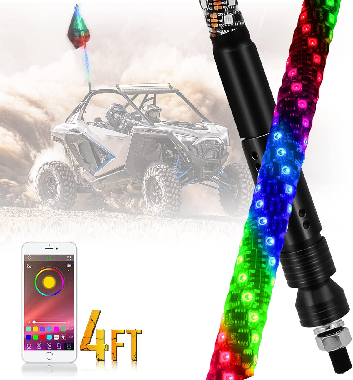 RGB LED Lighted Whip Antenna 3ft Pack of 2 H62340