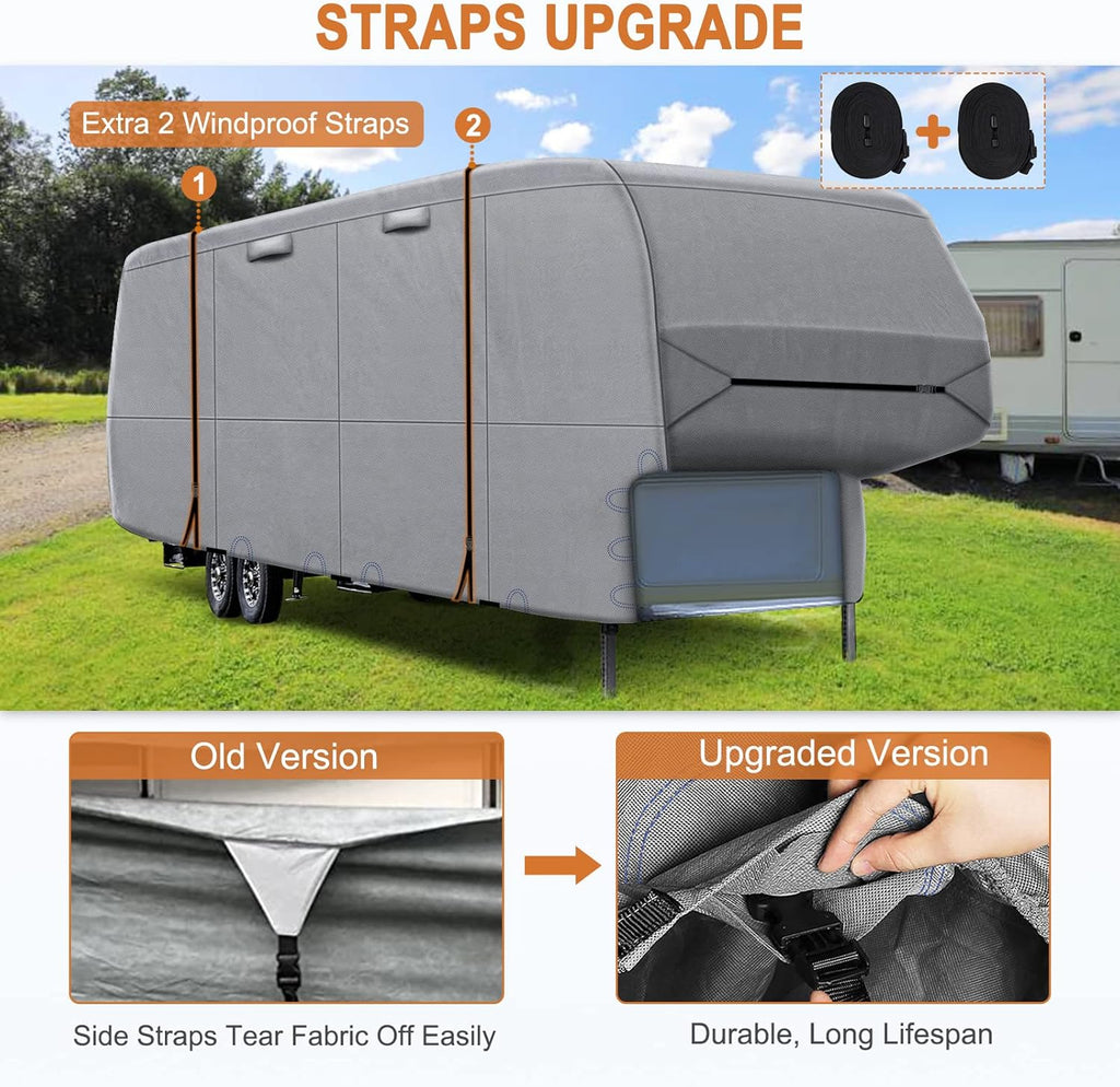 5th Wheel RV Cover Heavy Duty Camper Cover with 2Pcs Straps & Gutter Covers R354