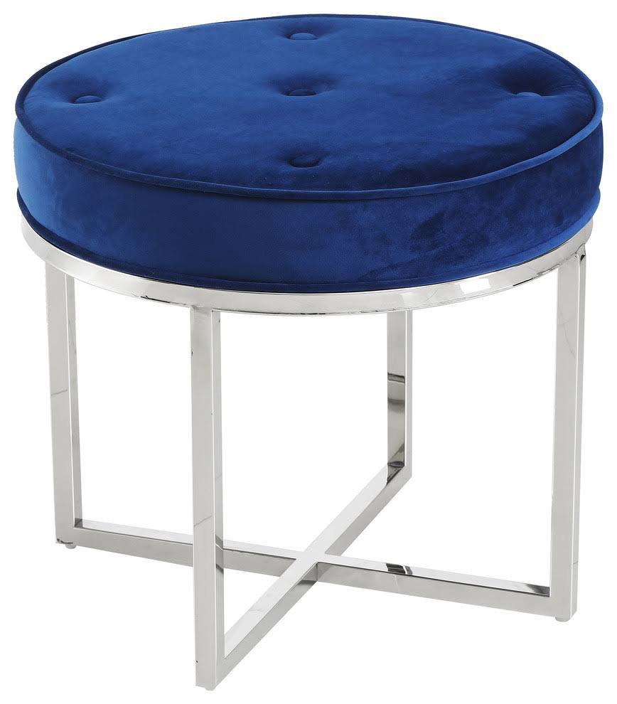 Navy Blue Round Upholstered Tufted Accent Stool with Silver Base A82906