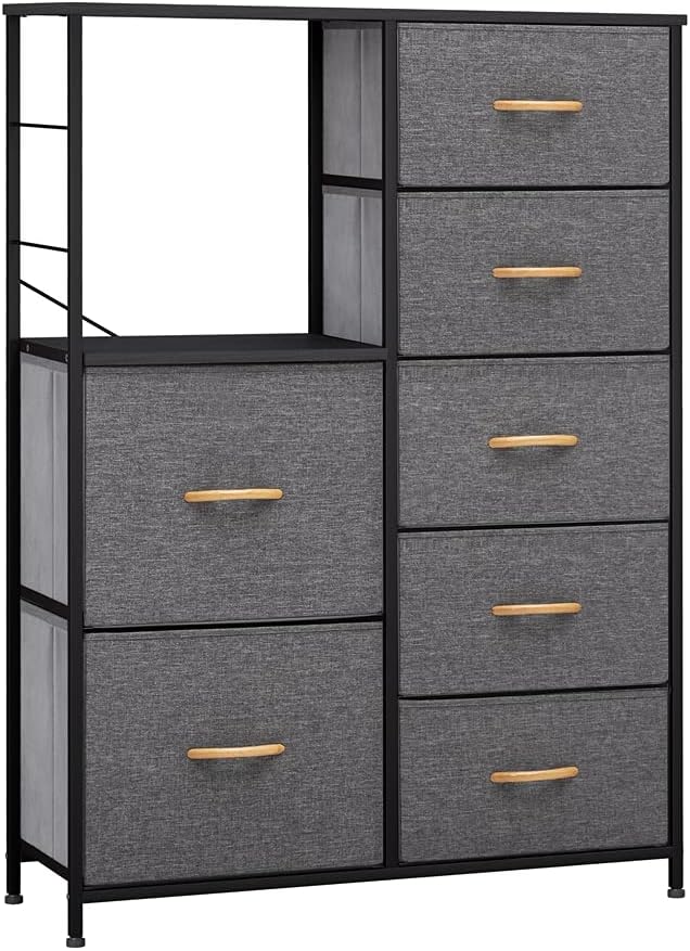 Brown 7 Drawer Fabric Dresser with Shelves U471394