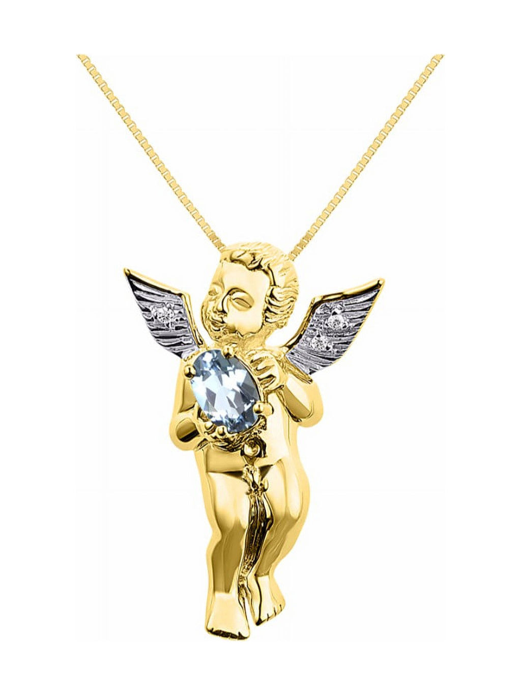 Yellow Gold Plated Silver Hugs & Kisses Angel Necklace, Tennis Bracelet, & Ring Adjustable 7"-8" Wrist & 18" Chain Aquamarine Birthstone Jewelry N1275